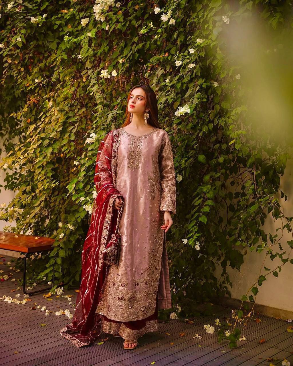 Peach Frendy Silk Embroidered Palazzo Suit with Moti Work