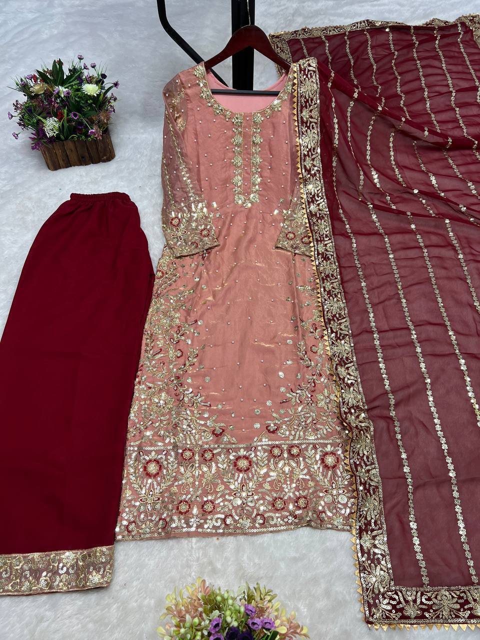 Peach Frendy Silk Embroidered Palazzo Suit with Moti Work