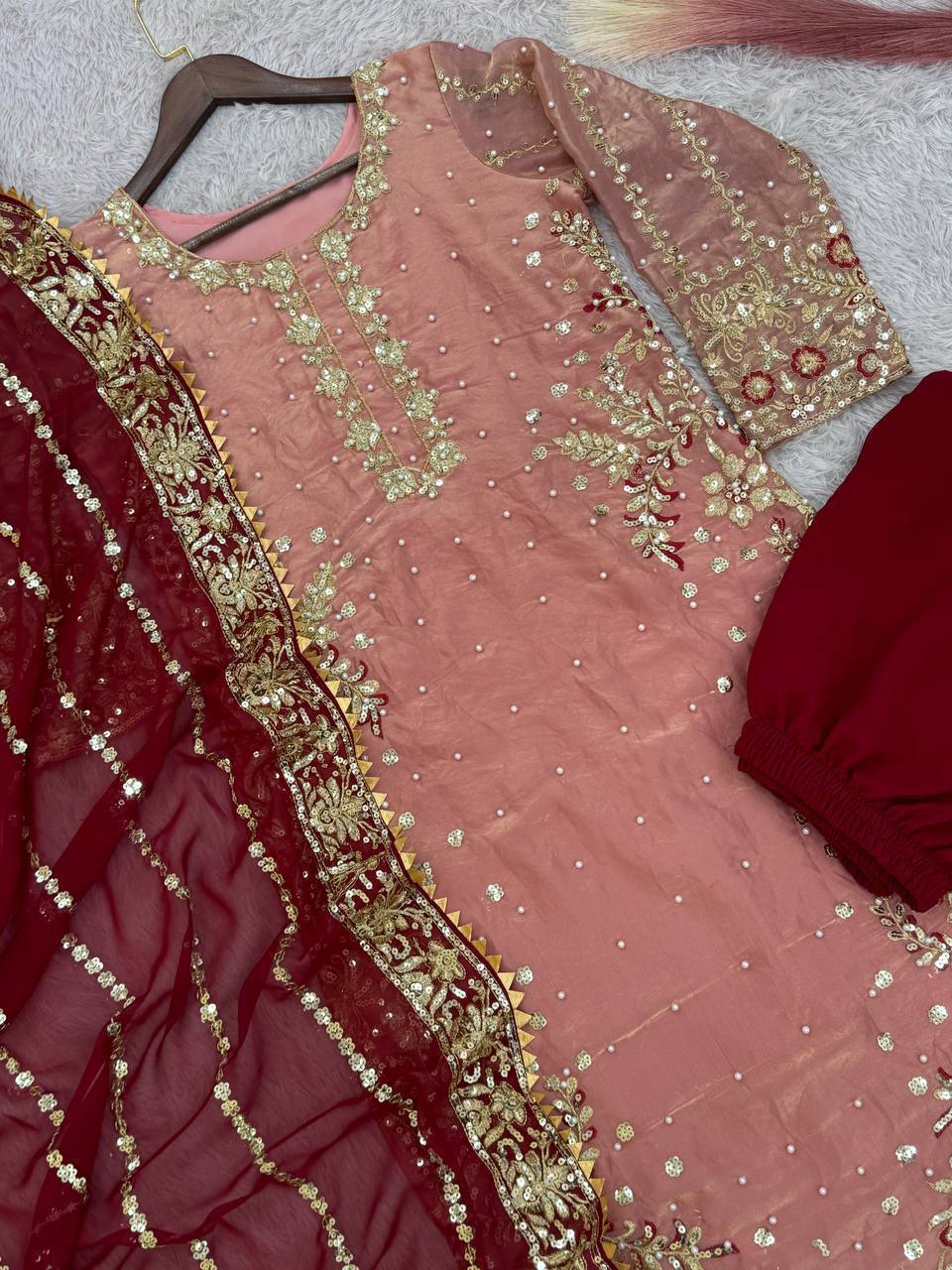 Peach Frendy Silk Embroidered Palazzo Suit with Moti Work