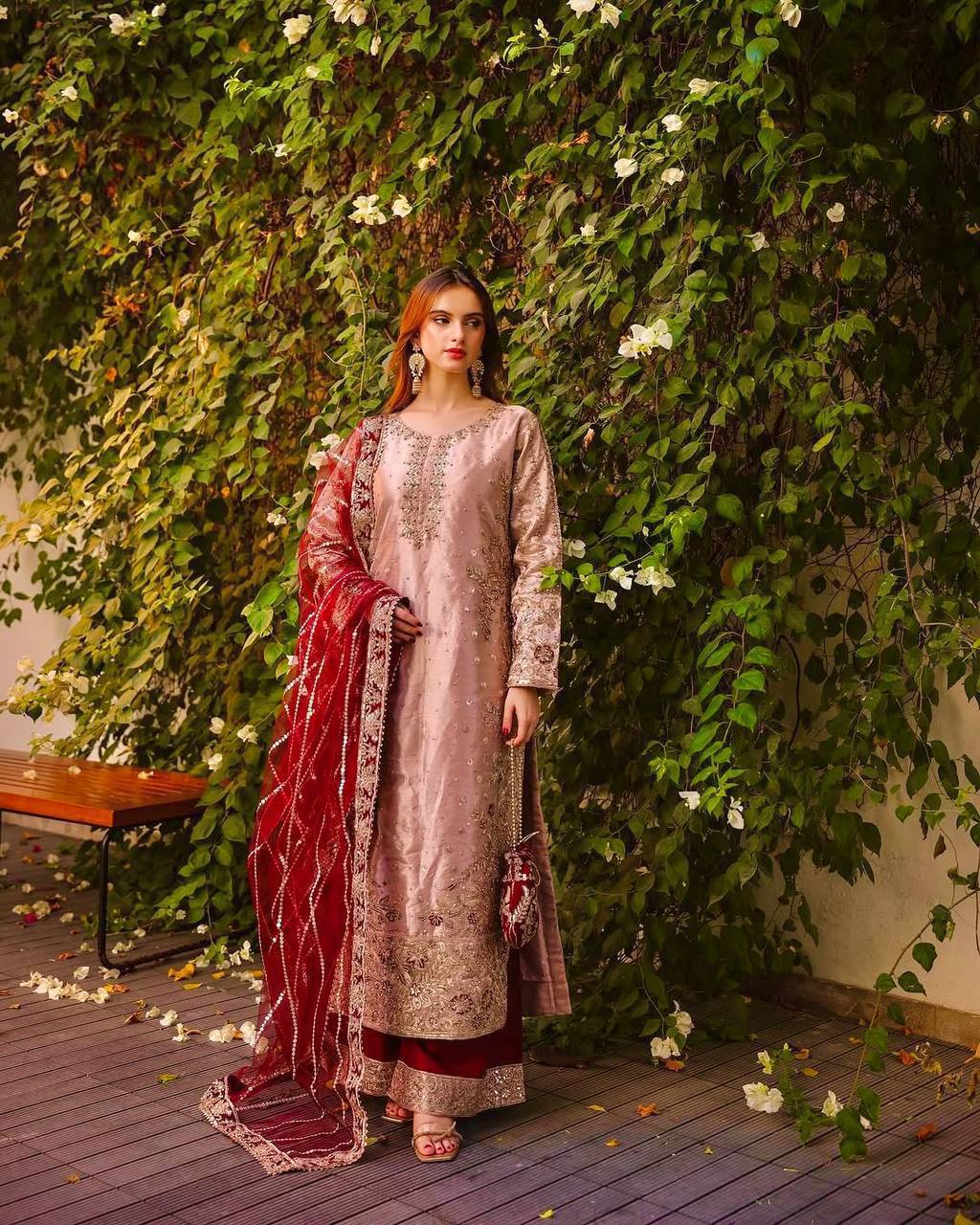 Prazu Fashion Peach Frendy Silk Embroidered Riveted Moti Work Palazzo Suit