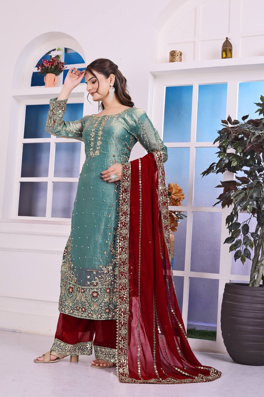 Sky Blue Frendy Silk Palazzo Suit with Embroidery and Moti Work