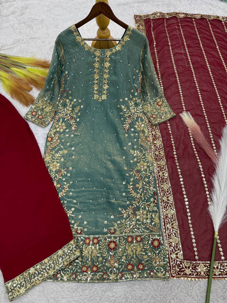 Sky Blue Frendy Silk Palazzo Suit with Embroidery and Moti Work