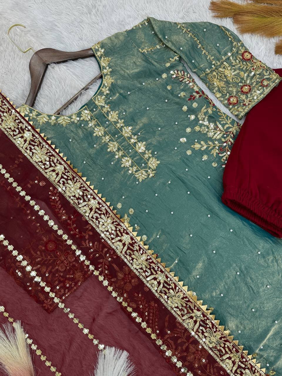 Sky Blue Frendy Silk Palazzo Suit with Embroidery and Moti Work