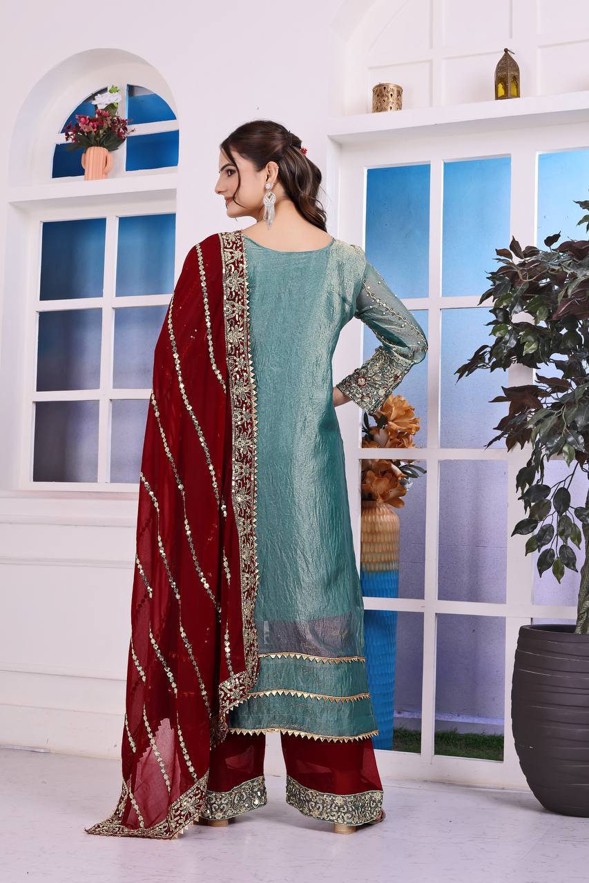 Sky Blue Frendy Silk Palazzo Suit with Embroidery and Moti Work