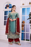Sky Blue Frendy Silk Palazzo Suit with detailed embroidery and Moti embellishments