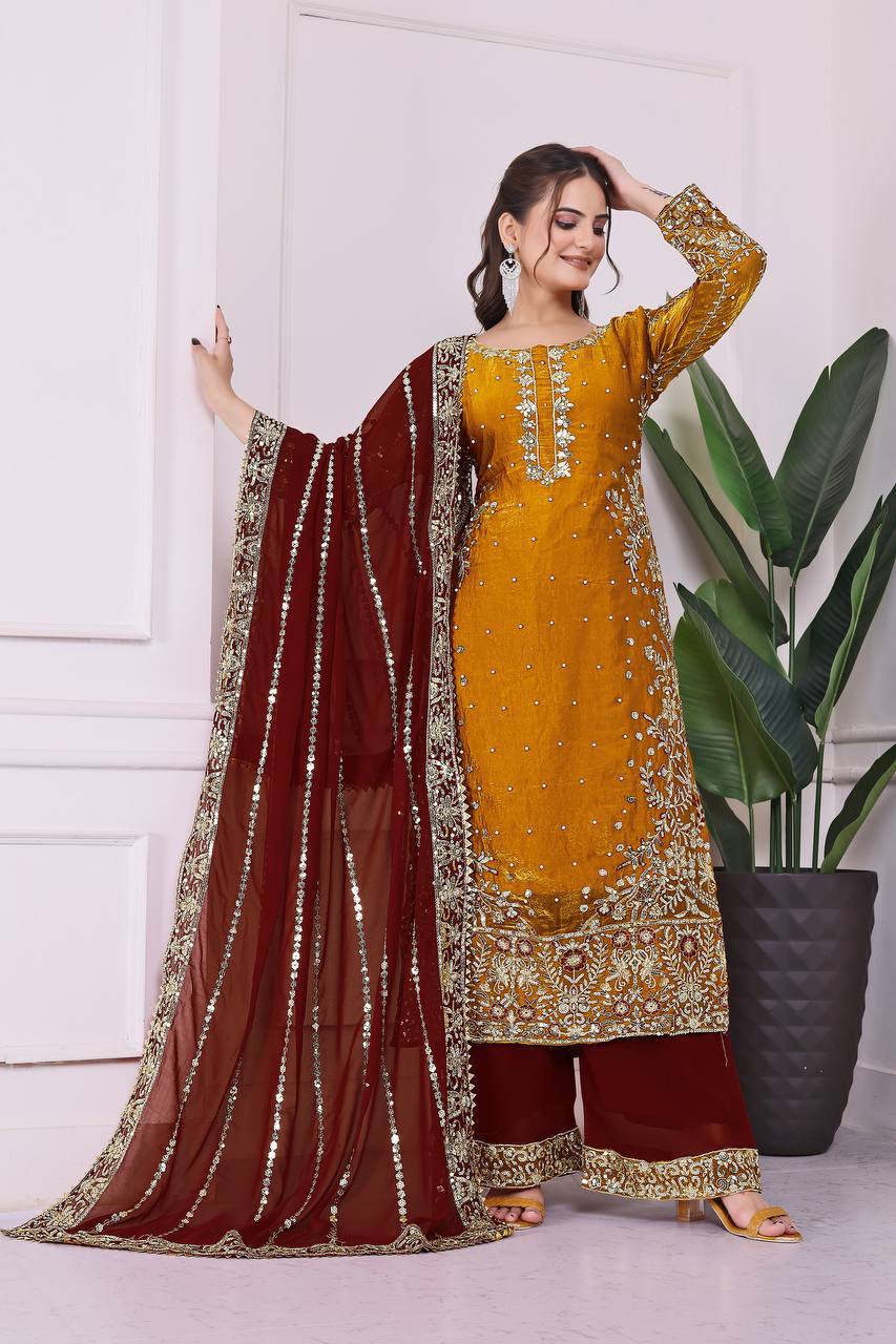 Yellow Frendy Silk Embroidered Moti Work Palazzo Suit