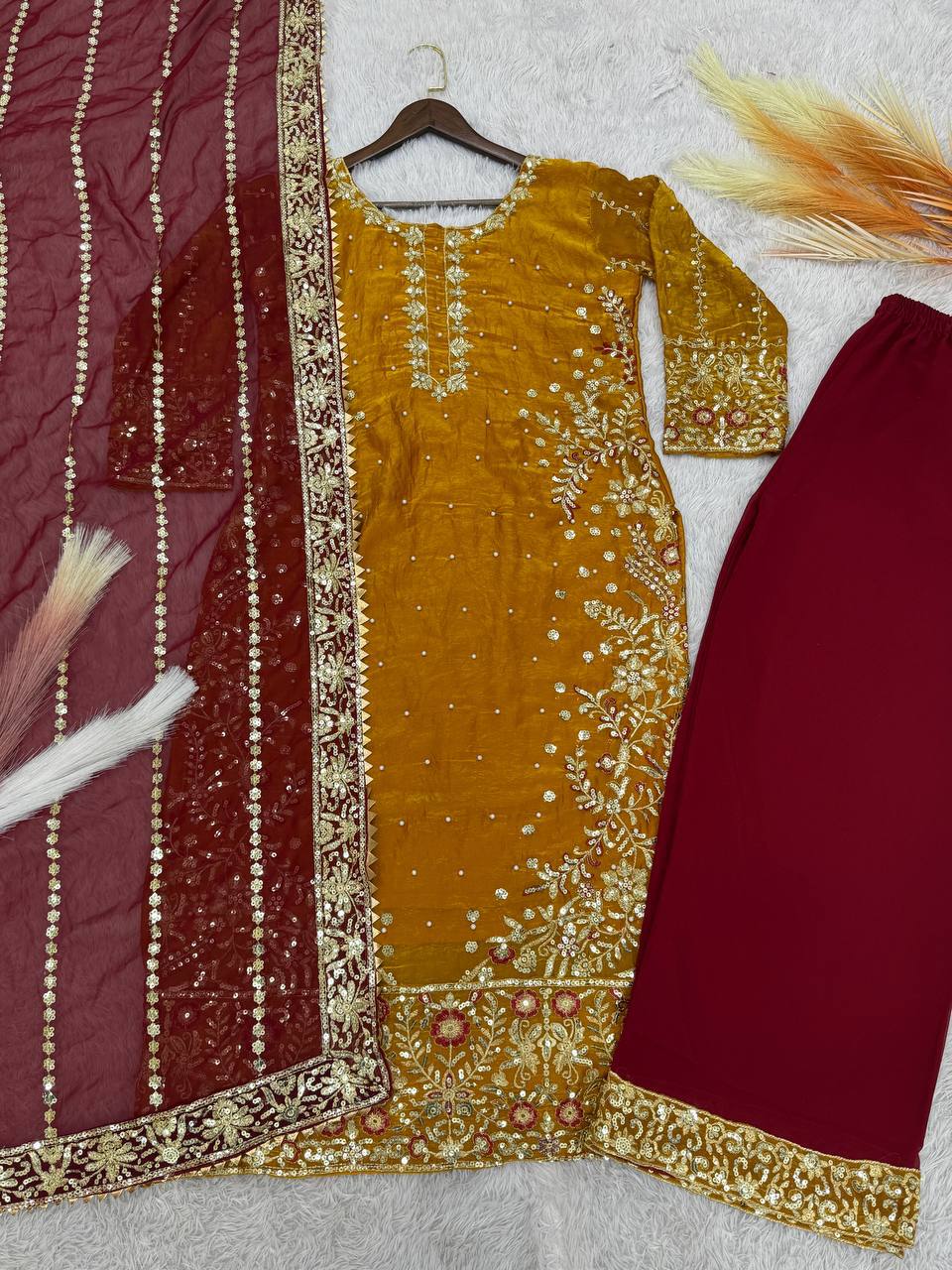 Yellow Frendy Silk Embroidered Moti Work Palazzo Suit