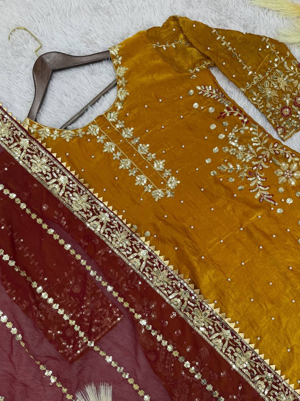 Yellow Frendy Silk Embroidered Moti Work Palazzo Suit
