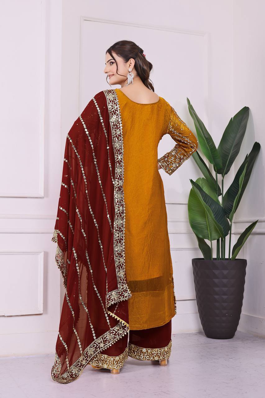 Yellow Frendy Silk Embroidered Moti Work Palazzo Suit