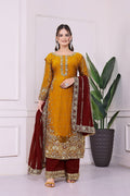 Prazu Fashion Yellow Frendy Silk Embroidered Riveted Moti Work Palazzo Suit