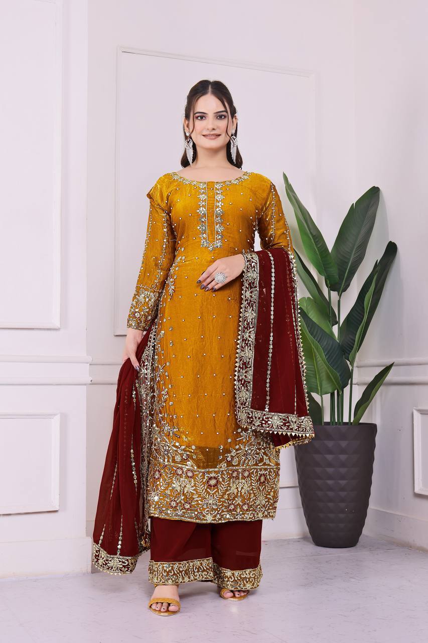 Prazu Fashion Yellow Frendy Silk Embroidered Riveted Moti Work Palazzo Suit