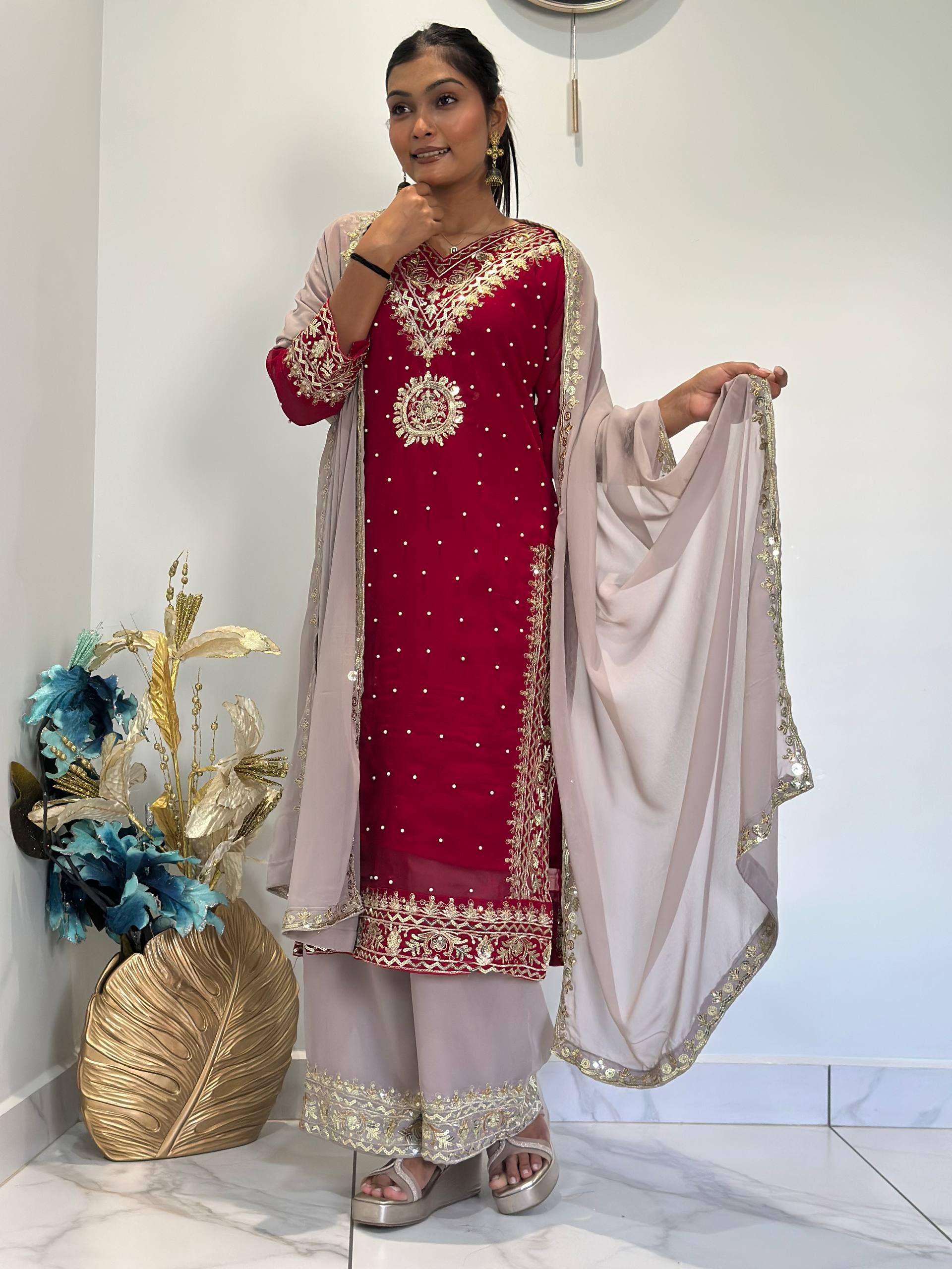 Maroon Georgette Embroidered Sequence Palazzo Suit Set
