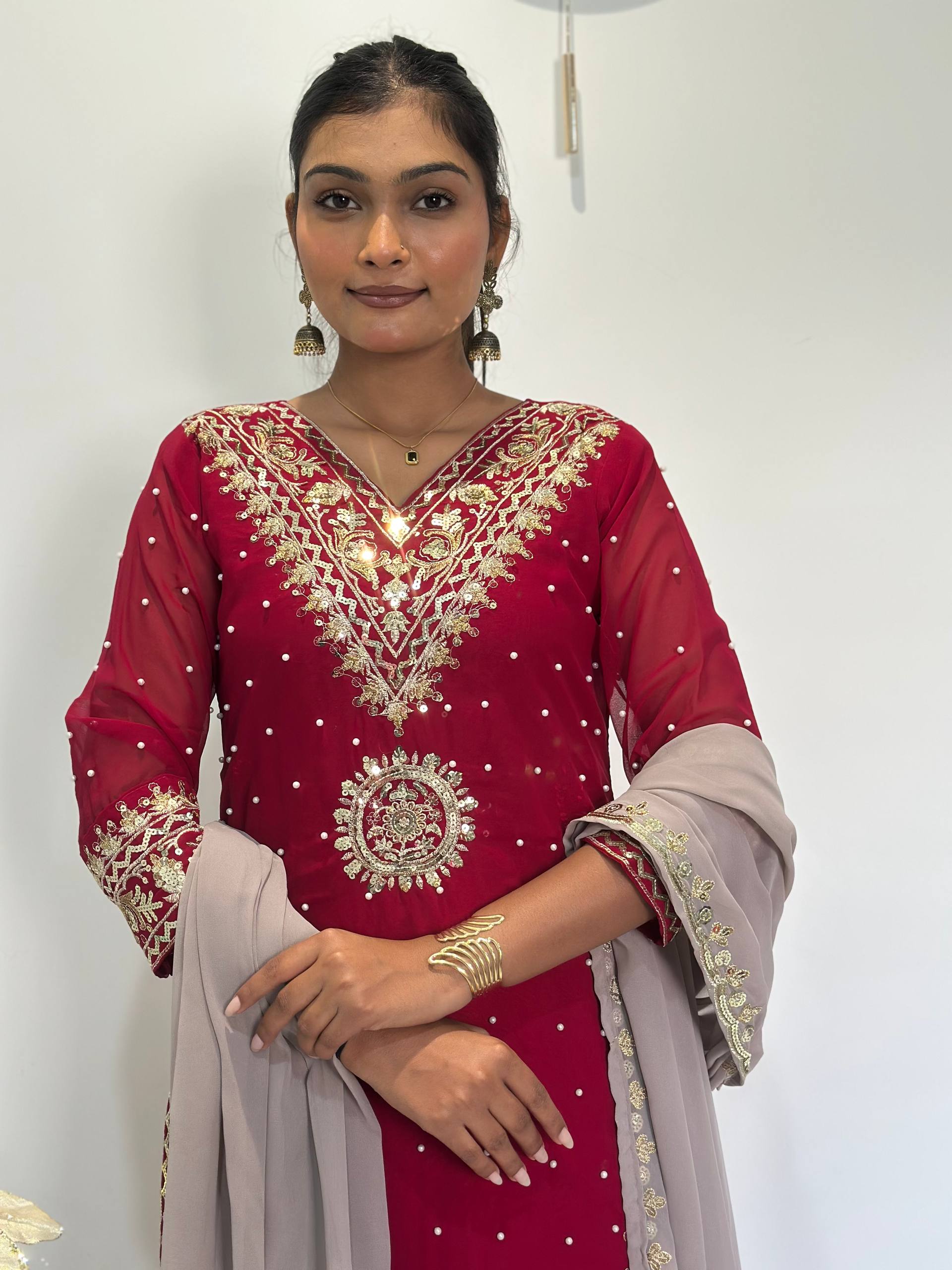 Maroon Georgette Embroidered Sequence Palazzo Suit Set