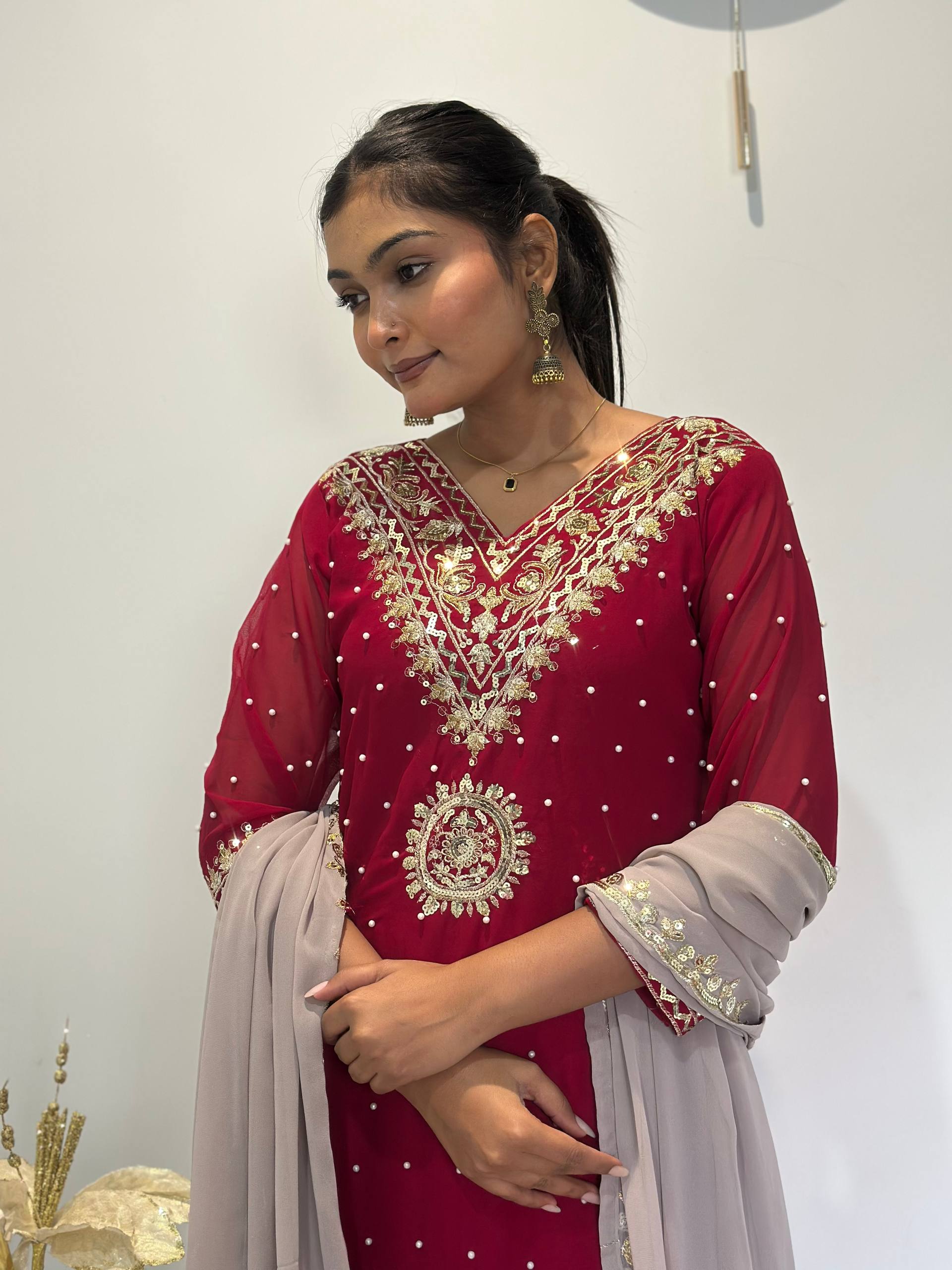 Maroon Georgette Embroidered Sequence Palazzo Suit Set
