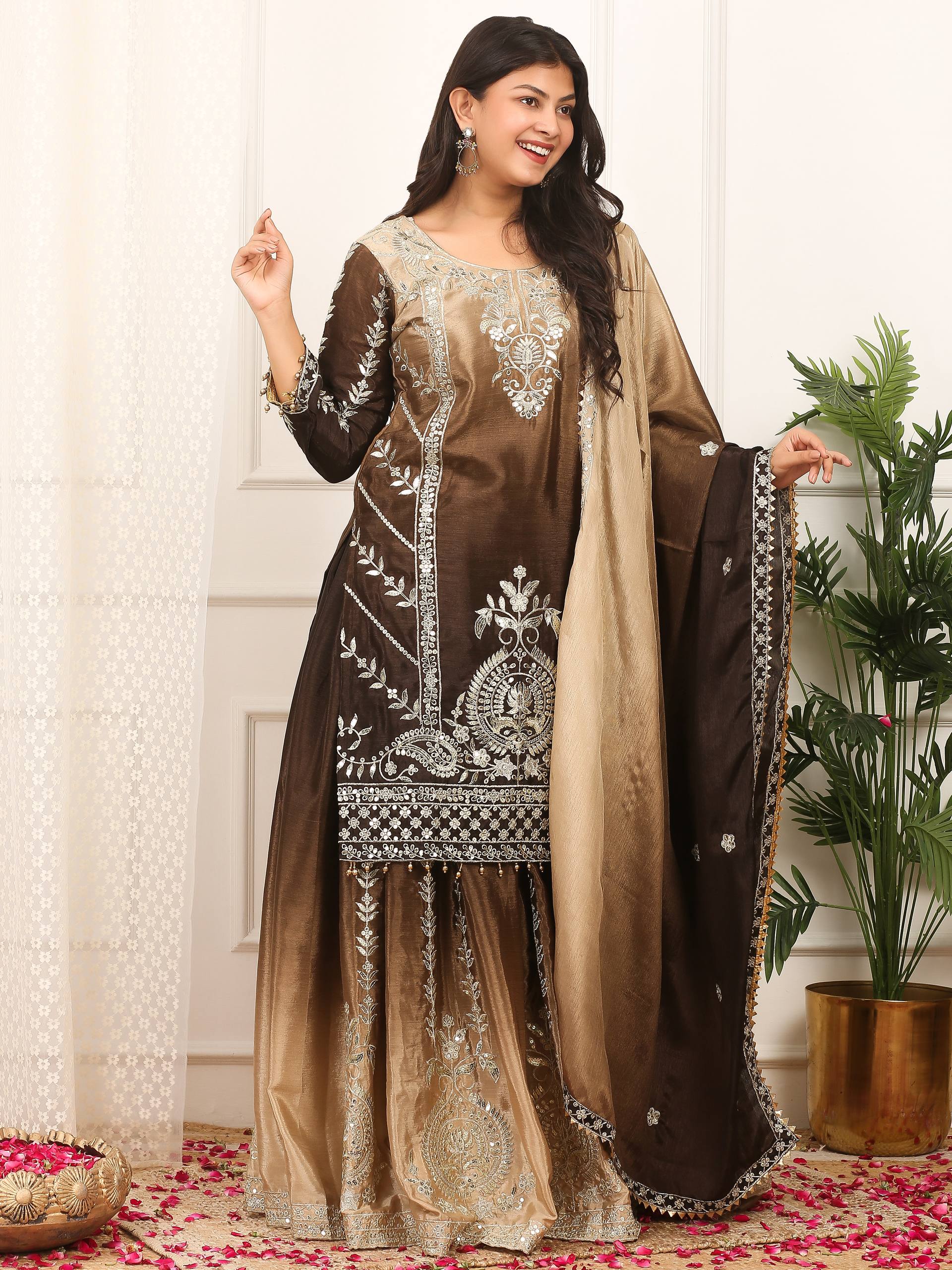 Coffee Shaded Chinon Silk Palazzo Suit with Sequence Work