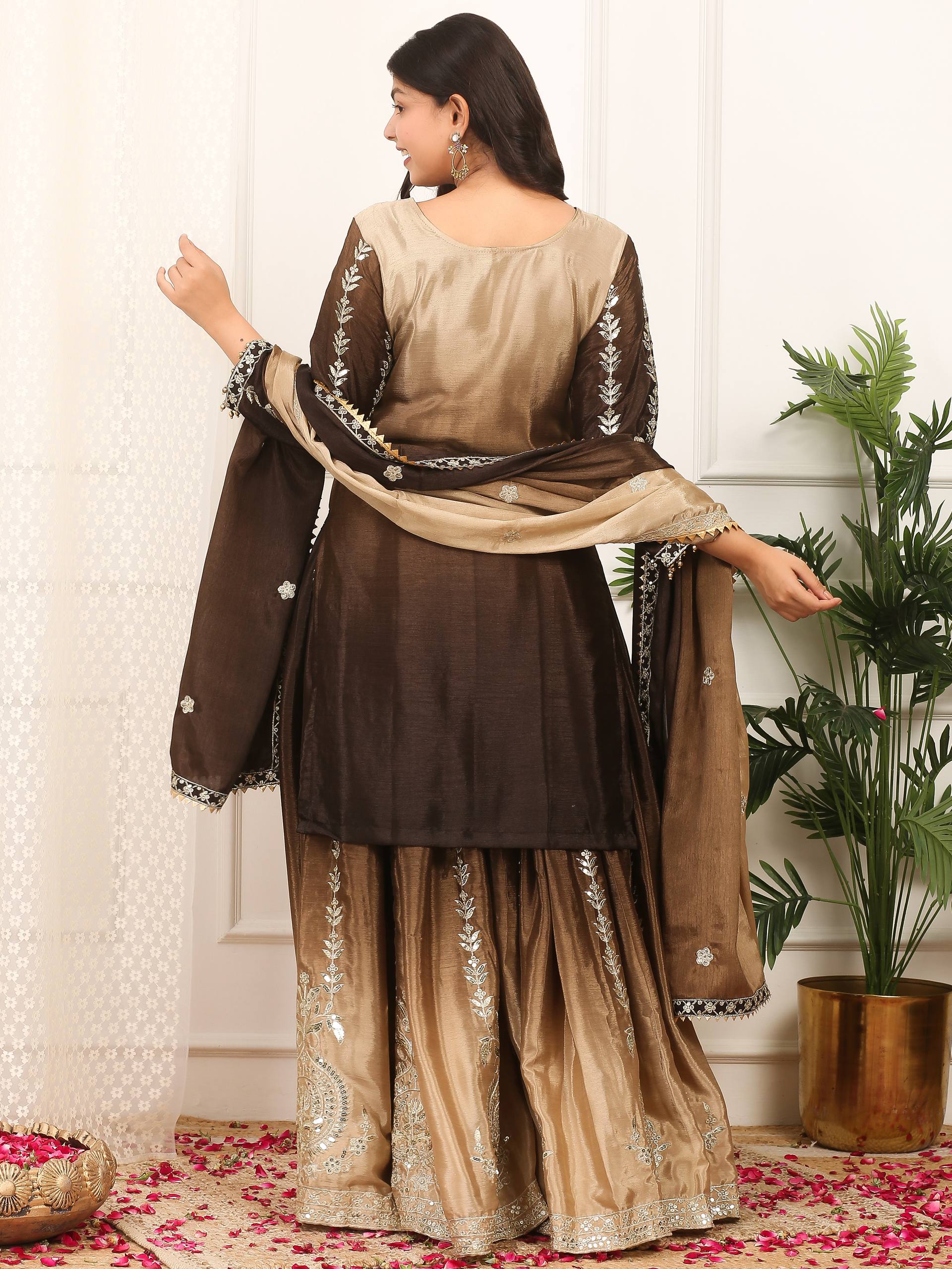 Coffee Shaded Chinon Silk Palazzo Suit with Sequence Work