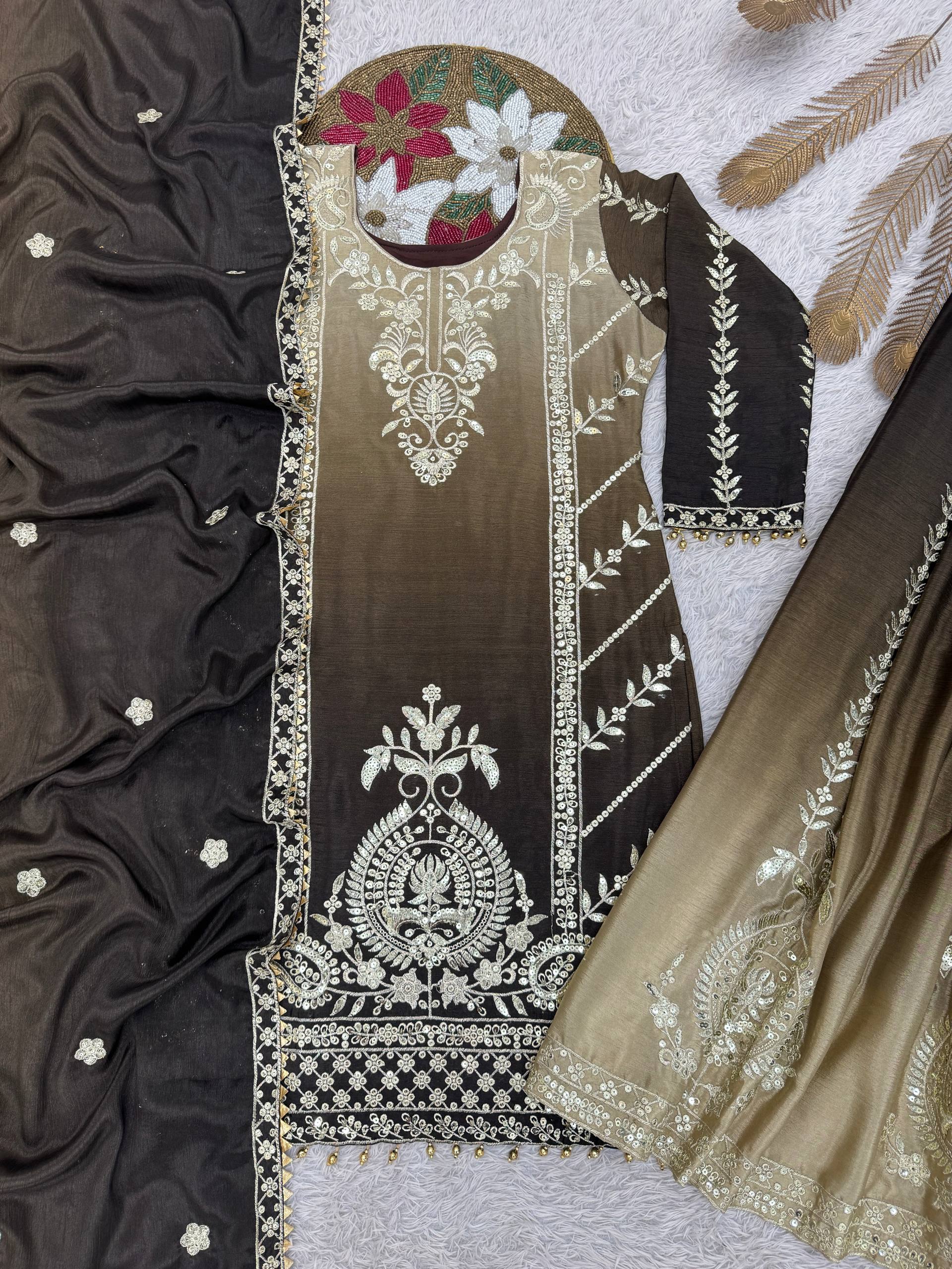 Coffee Shaded Chinon Silk Palazzo Suit with Sequence Work