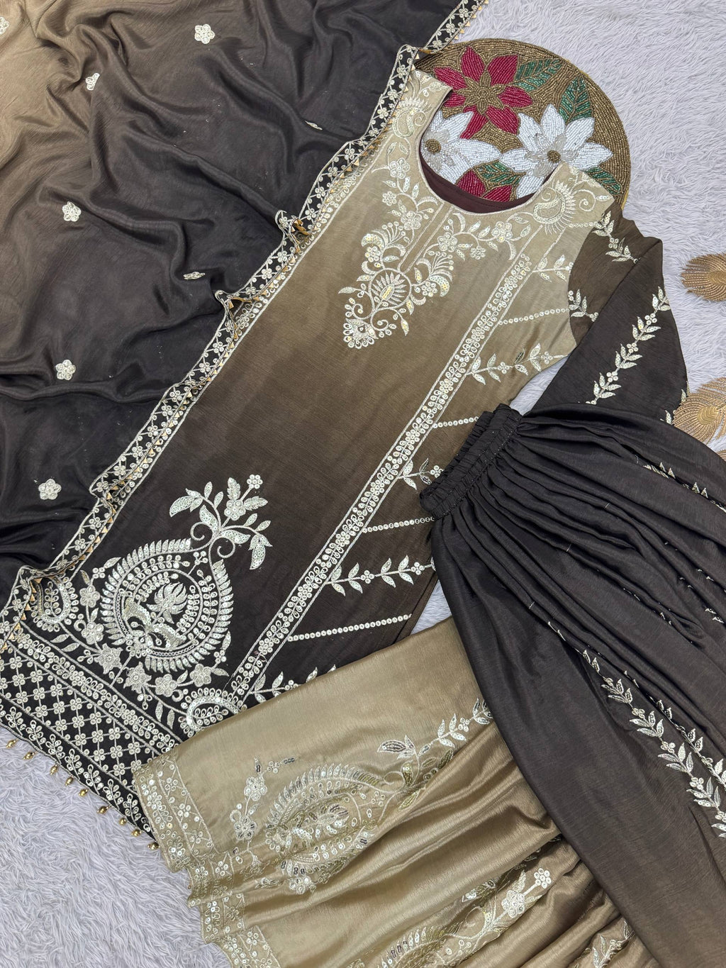Coffee Shaded Chinon Silk Embroidered Sequence Palazzo Suit Set