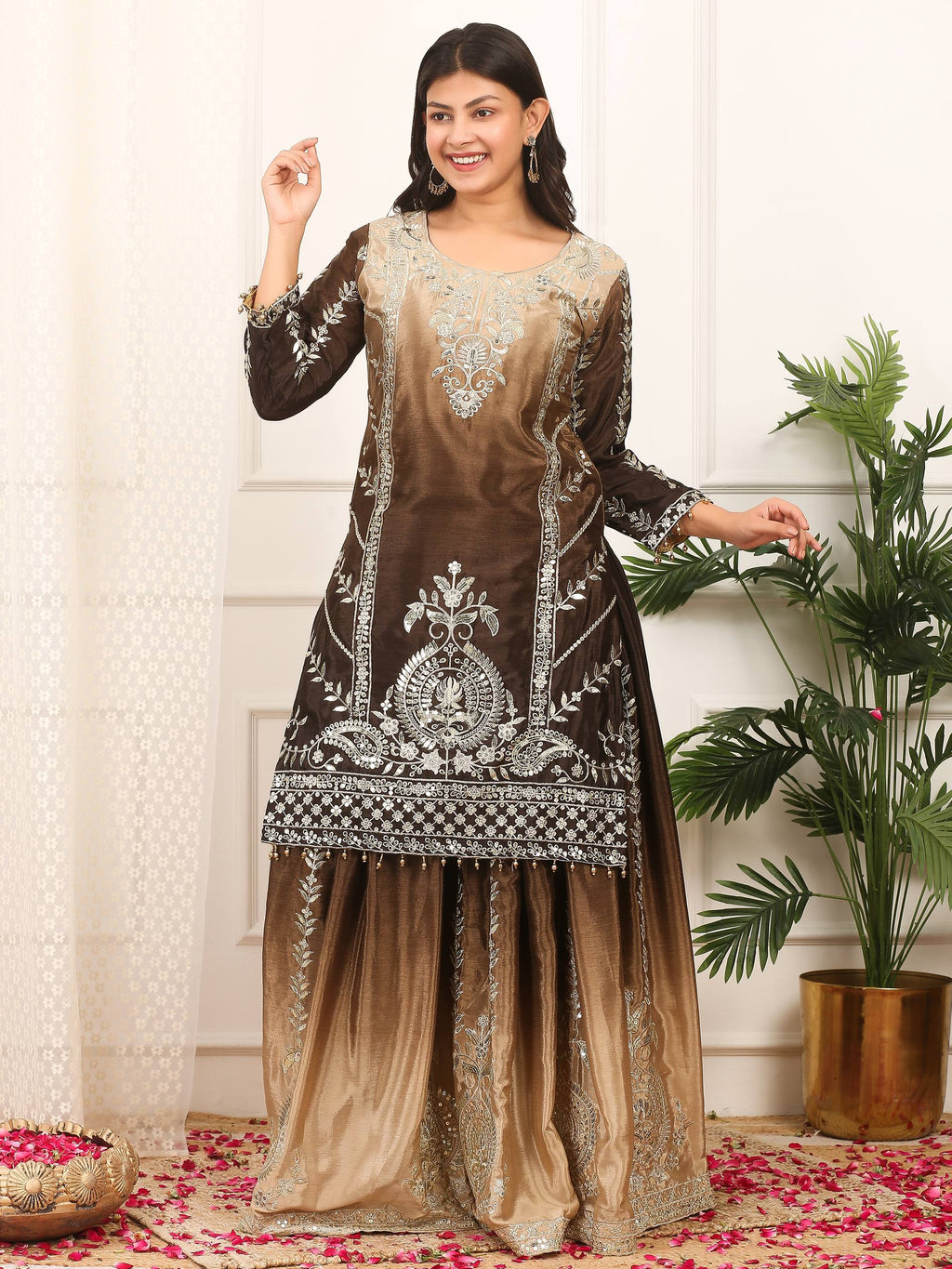 Coffee and gold-beige ombre Chinon silk palazzo suit with heavy embroidery and sequence work