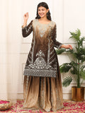 Coffee and gold-beige ombre Chinon silk palazzo suit with heavy embroidery and sequence work