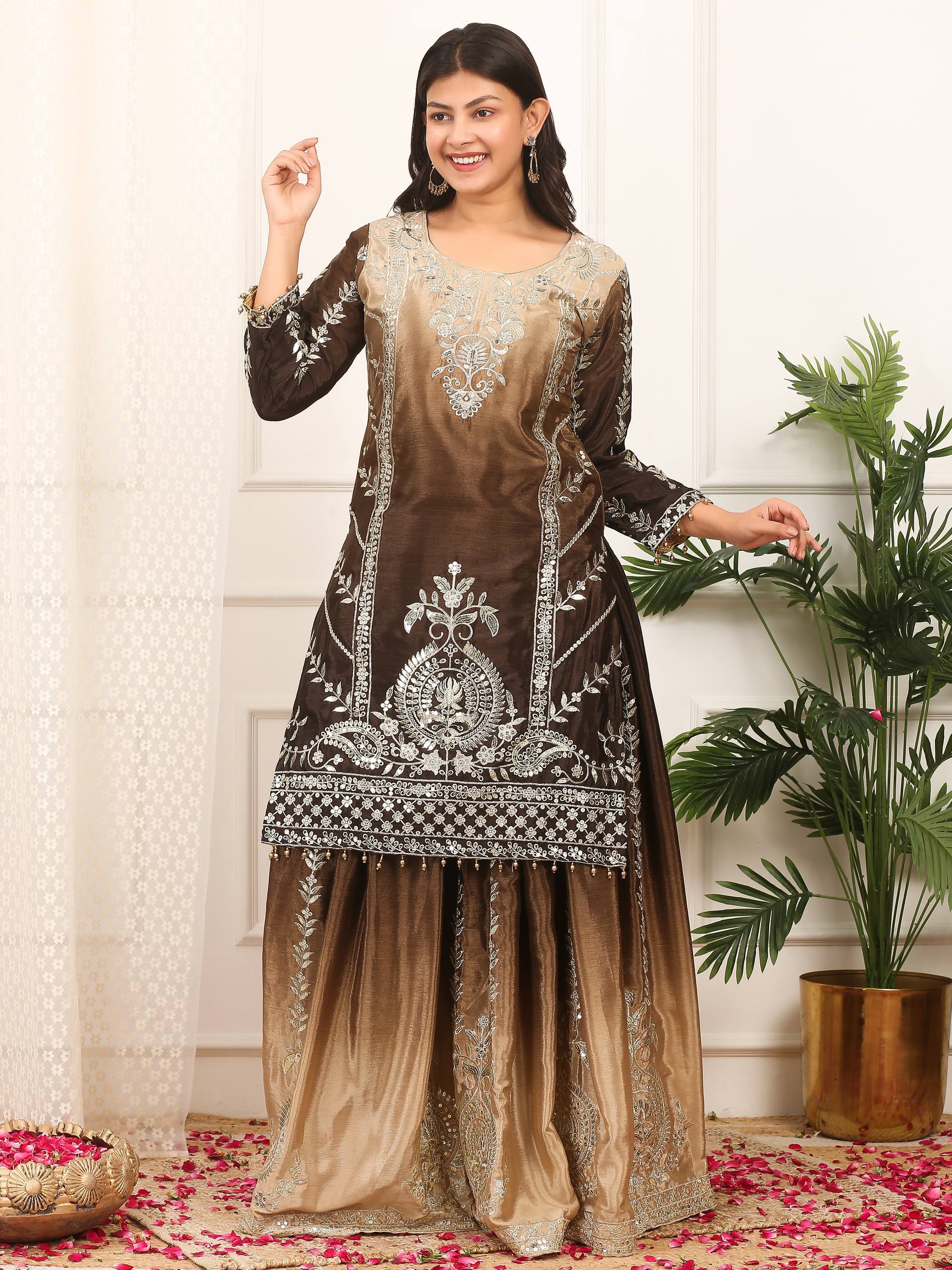 Coffee and gold-beige ombre Chinon silk palazzo suit with heavy embroidery and sequence work