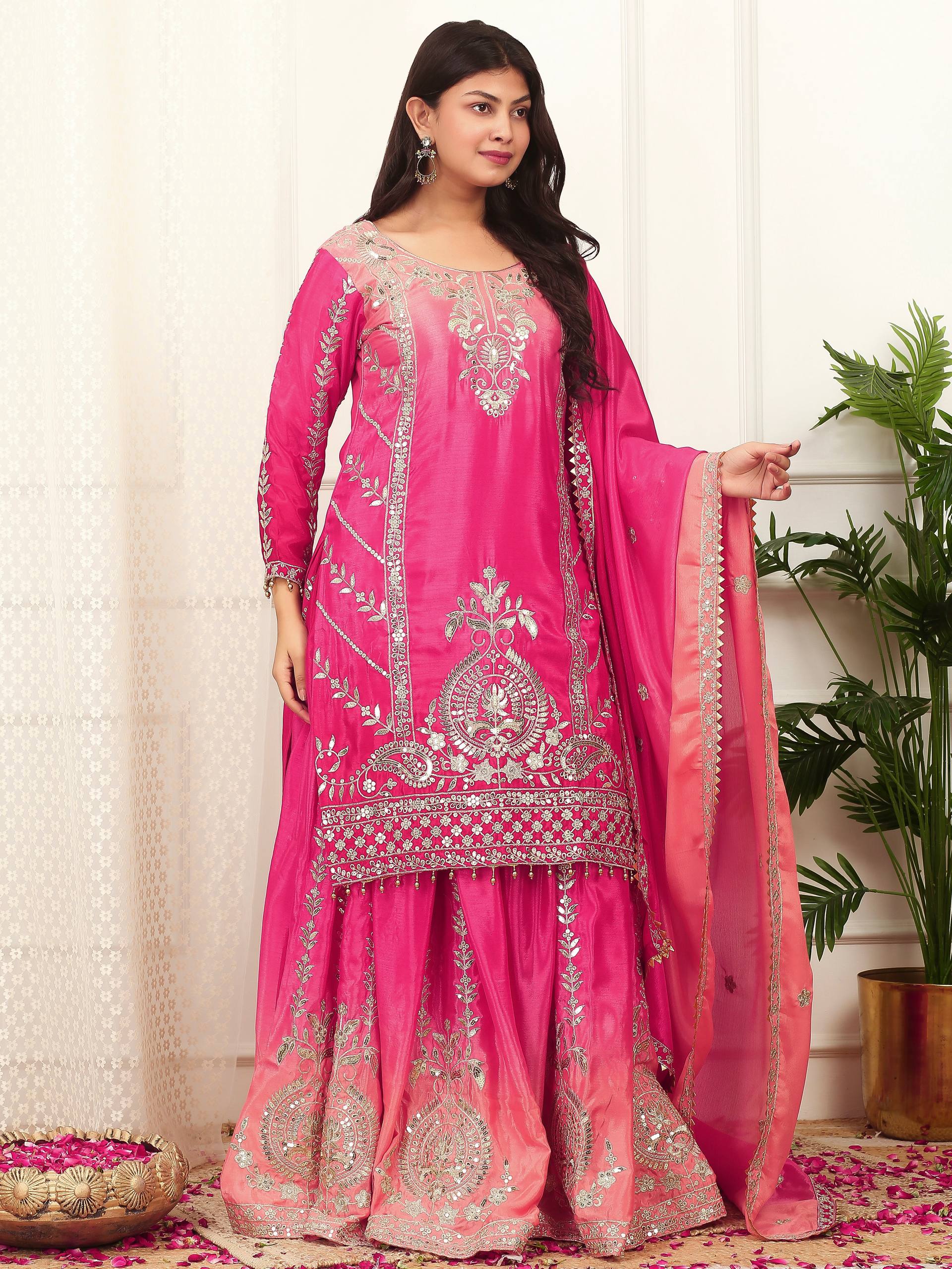 Pink Shaded Chinon Silk Palazzo Suit with Heavy Embroidery