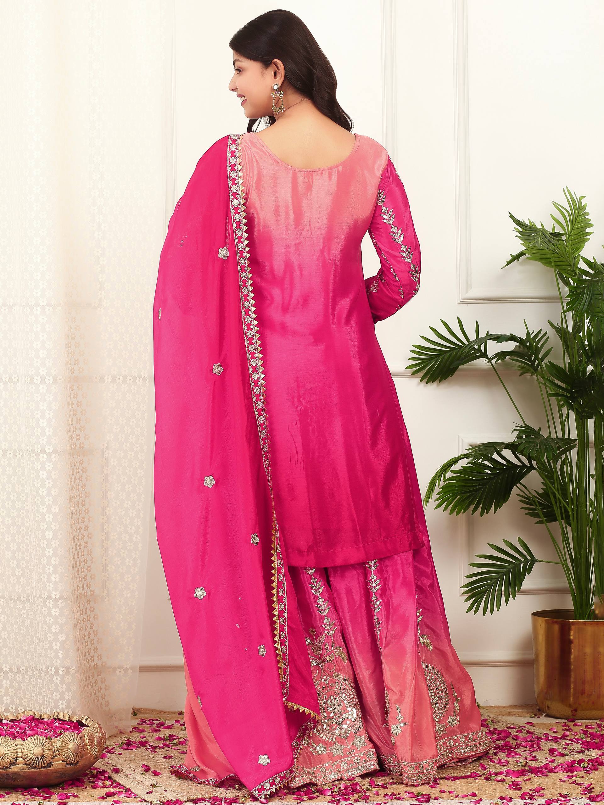 Pink Shaded Chinon Silk Palazzo Suit with Heavy Embroidery