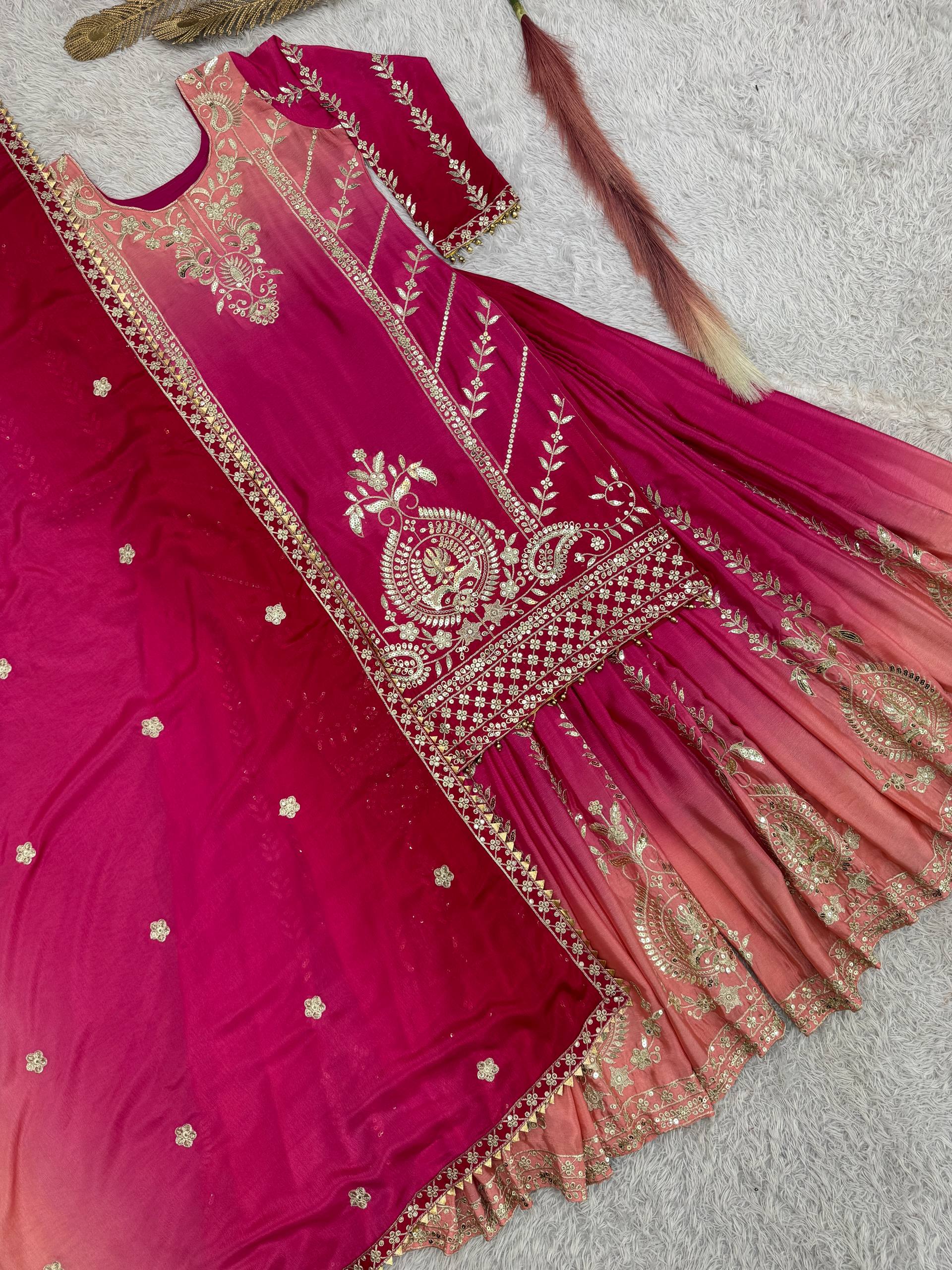 Pink Shaded Chinon Silk Palazzo Suit with Heavy Embroidery
