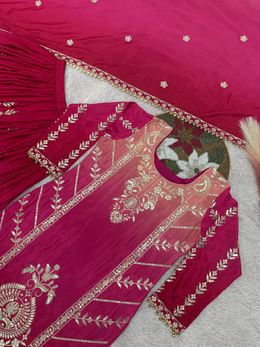 Pink Shaded Chinon Silk Palazzo Suit with Sequence Embroidery