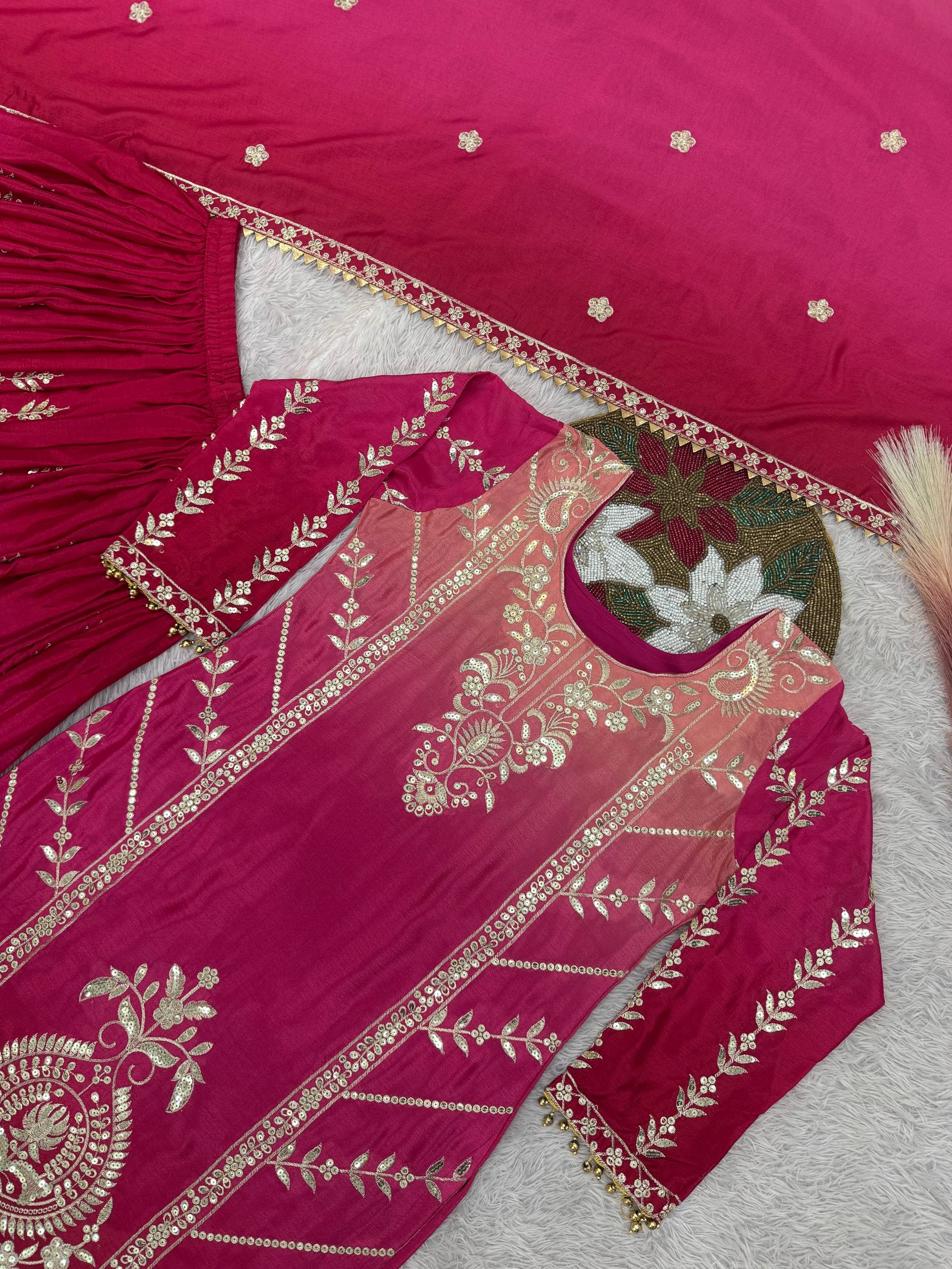 Pink Shaded Chinon Silk Palazzo Suit with Sequence Embroidery