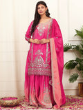 Pink shaded Chinon silk palazzo suit featuring heavy sequence embroidery and decorative hanging lace border.
