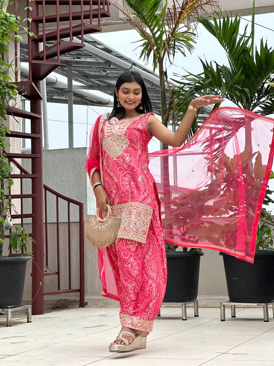 Front view of a Pink Chinon Silk Dhoti Style Suit featuring intricate embroidery and digital print detailing.