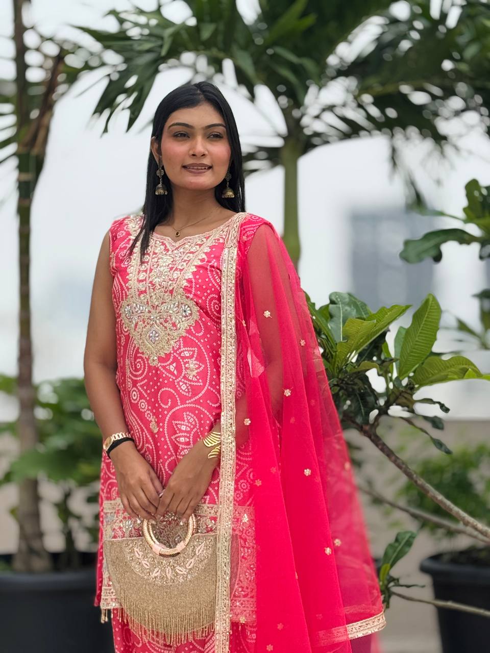 Pink Chinon Silk Embroidered Dhoti Style Suit with Digital Print