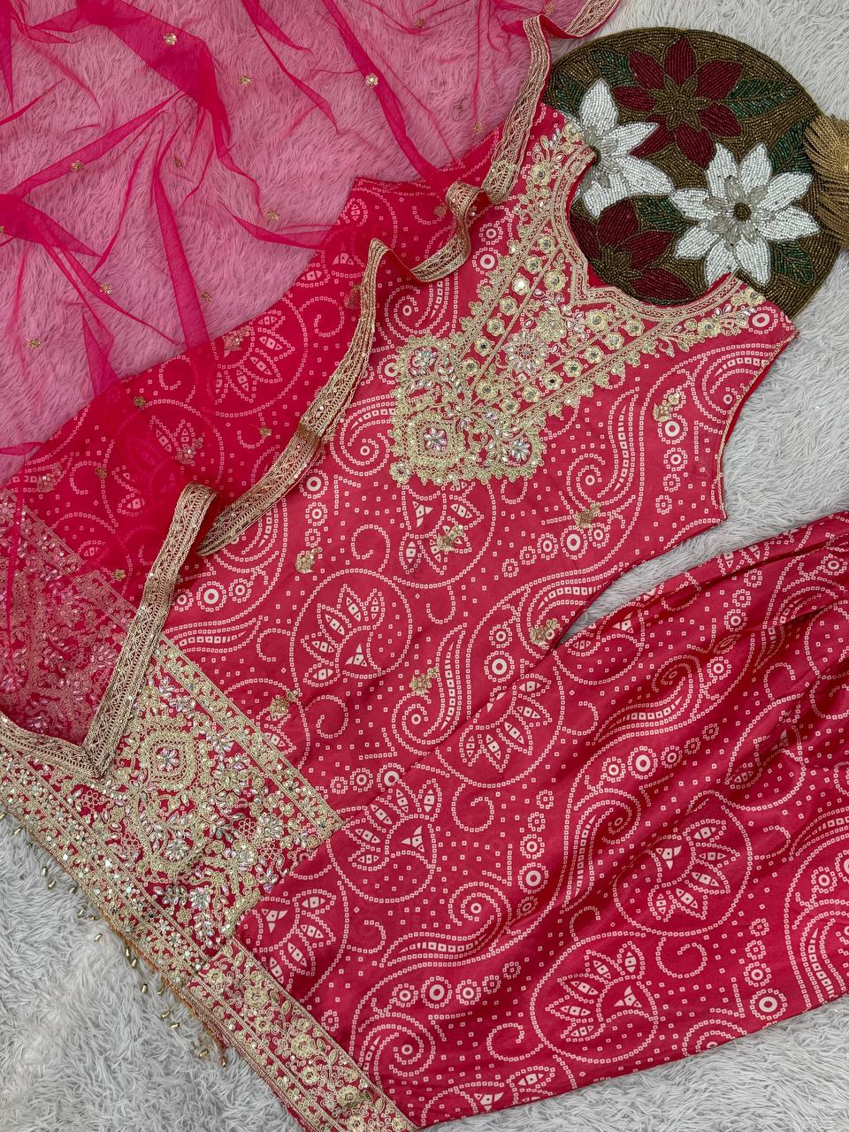 Pink Chinon Silk Embroidered Dhoti Style Suit with Digital Print