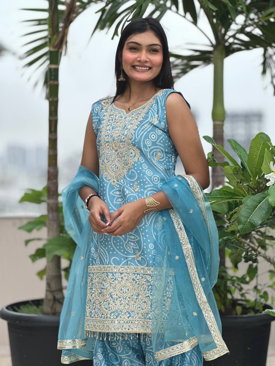 Sky Blue Chinon Silk Embroidered Dhoti Style Suit Set