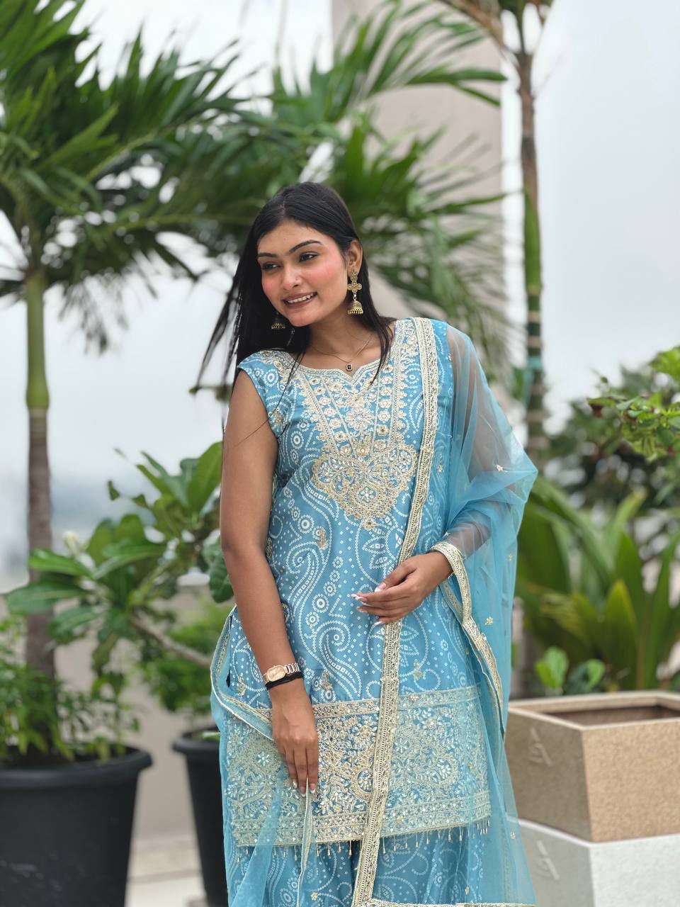 Sky Blue Chinon Silk Embroidered Dhoti Style Suit Set