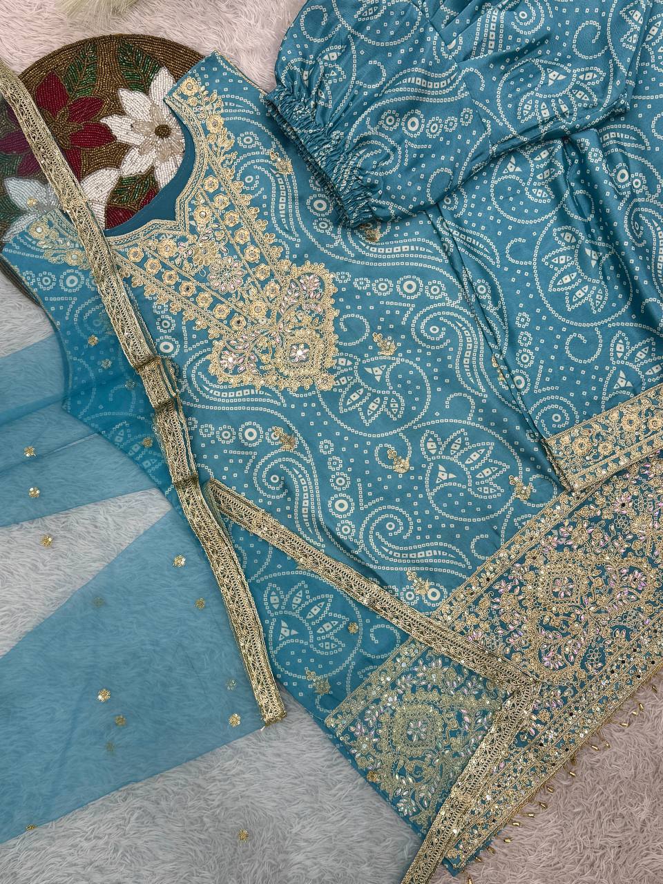 Sky Blue Chinon Silk Embroidered Dhoti Style Suit Set