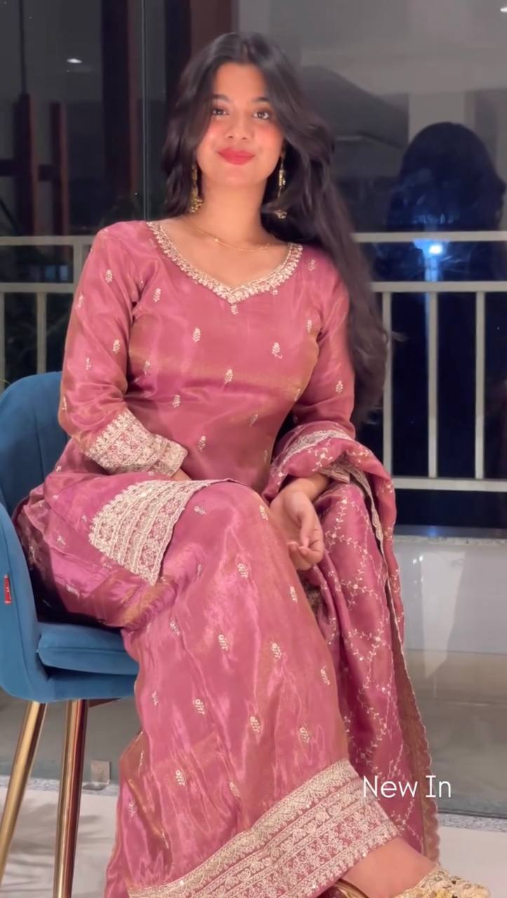 Peach Jimmi Silk Embroidered Palazzo Suit with Sequence Work
