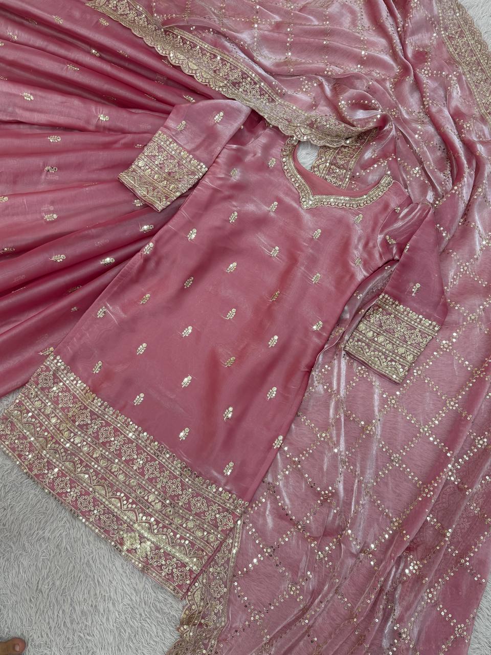 Peach Jimmi Silk Embroidered Palazzo Suit with Sequence Work
