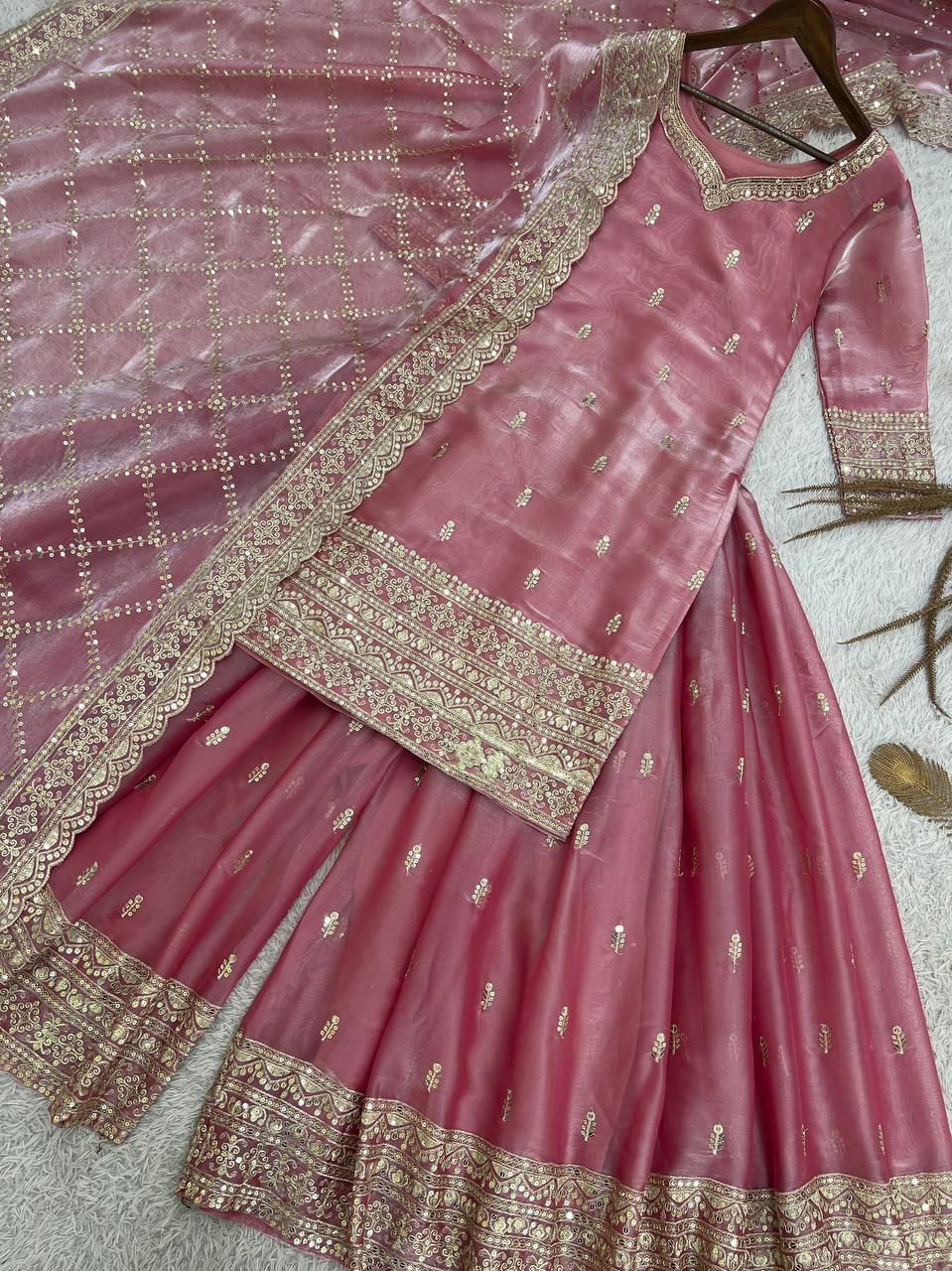 Peach Jimmi Silk Embroidered Palazzo Suit with Sequence Work