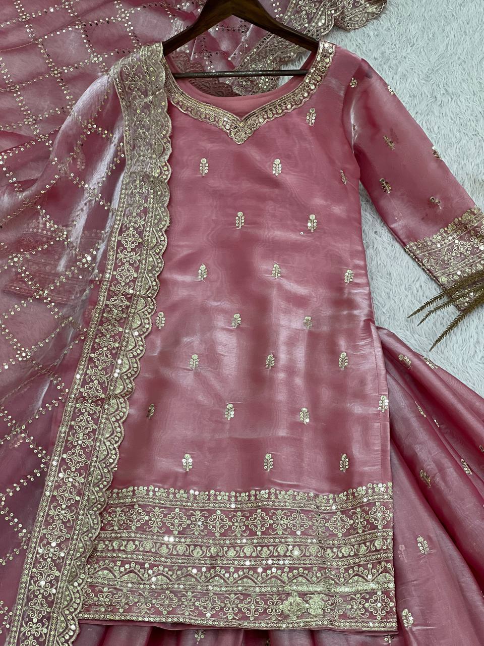 Prazu Fashion Peach Jimmi Silk Embroidered Sequence Work Palazzo Suit