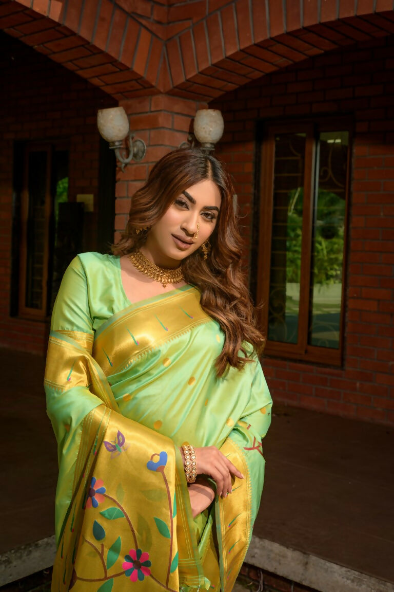 Sea Green Paithani Silk Saree with Zari Woven Pattern and Blouse