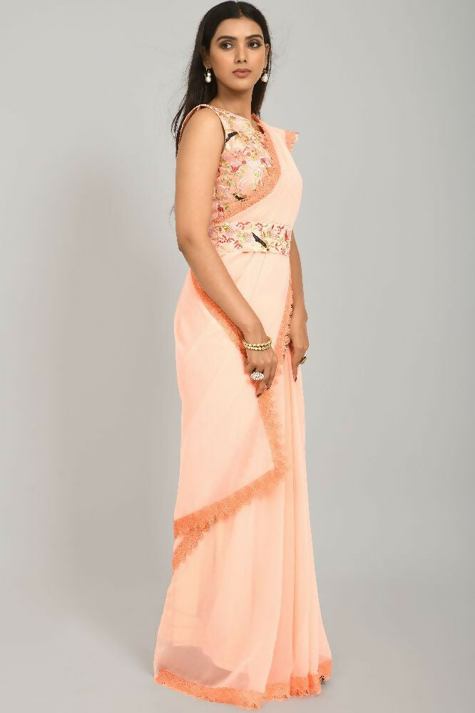 Peach Georgette Saree with GPO Lace Border and Blouse