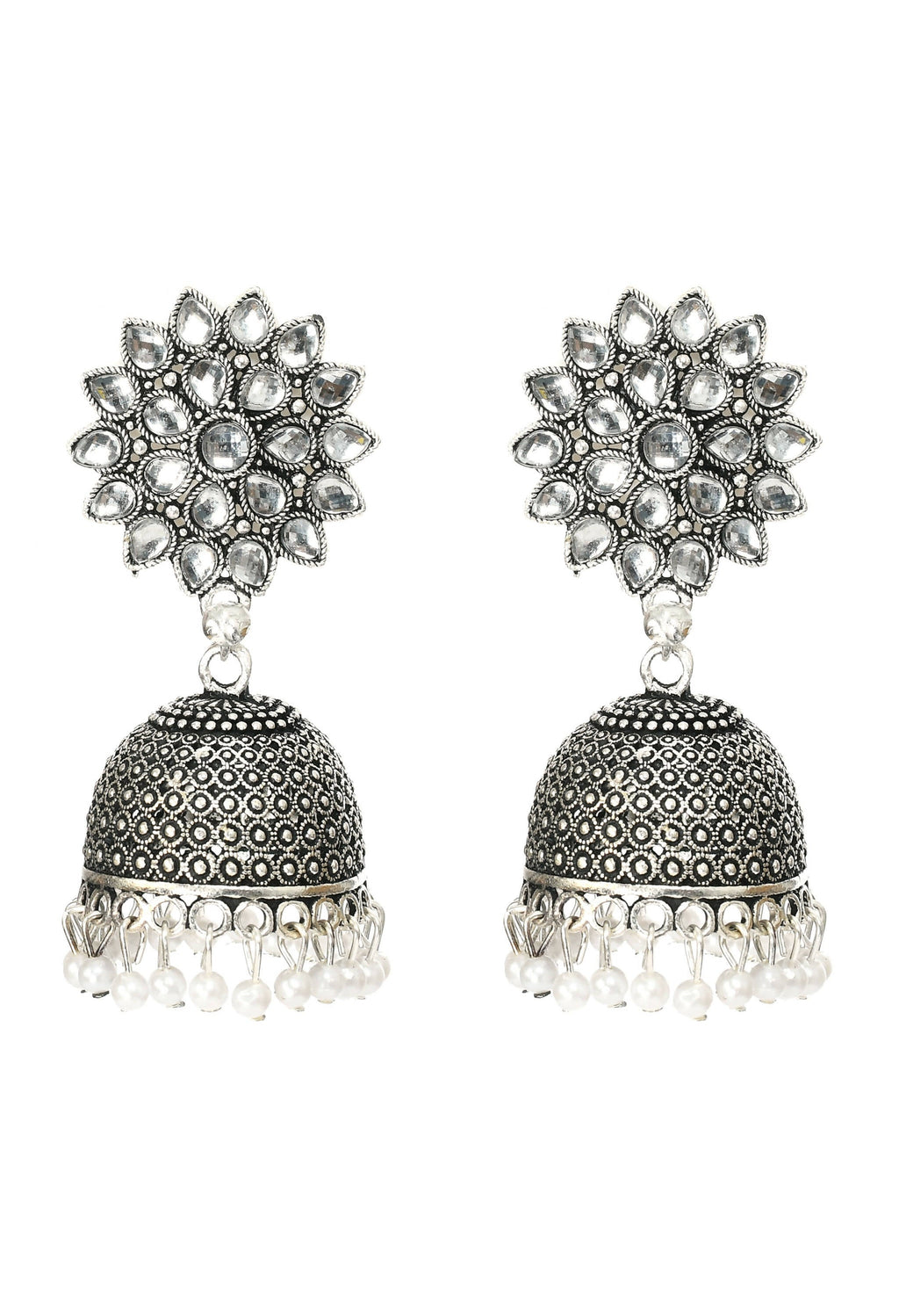 Joharkamal Kundan work Jhumka earrings adorned with white beads and an oxidized brass design.