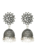 Joharkamal Kundan work Jhumka earrings adorned with white beads and an oxidized brass design.