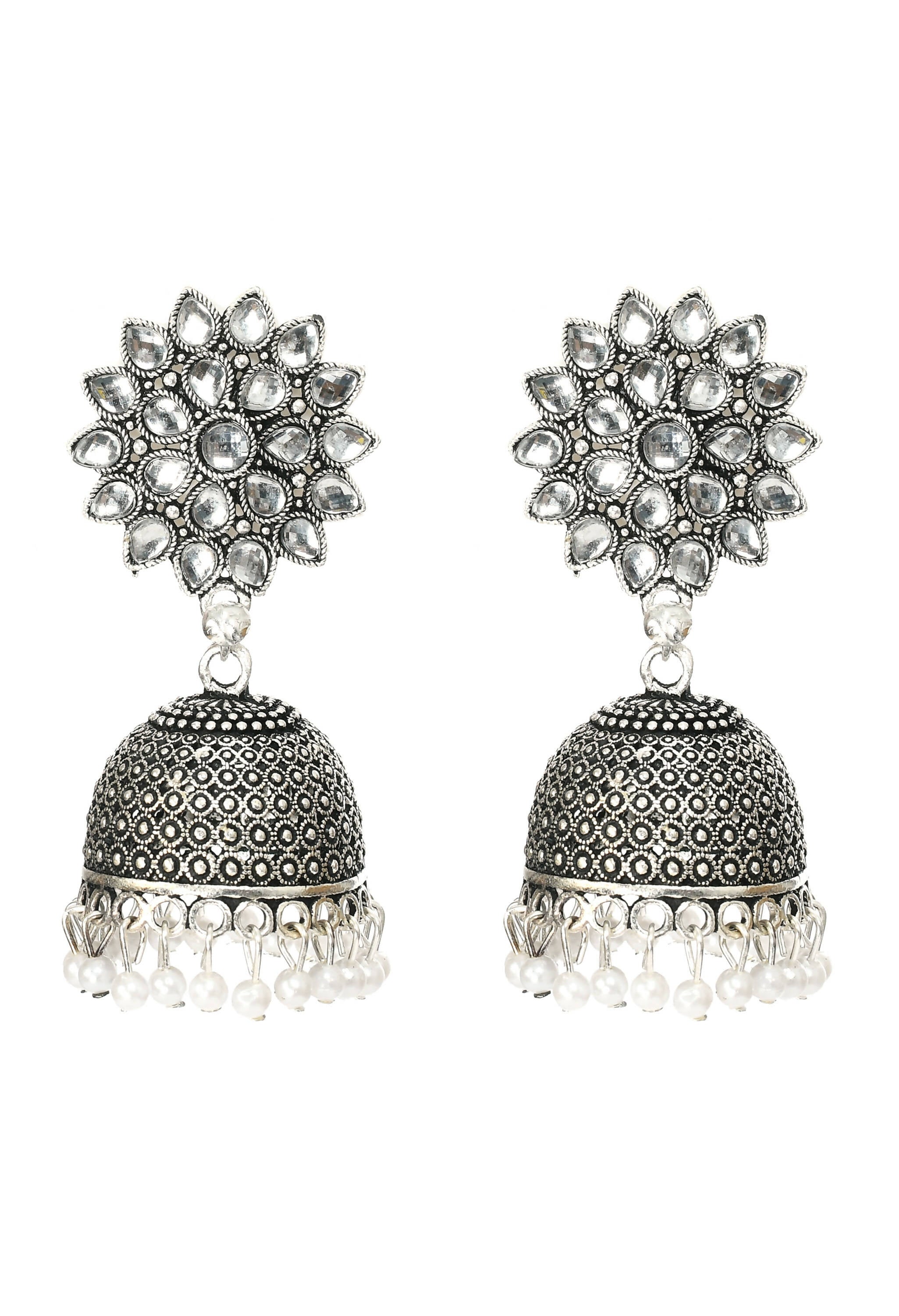 Joharkamal Kundan work Jhumka earrings adorned with white beads and an oxidized brass design.