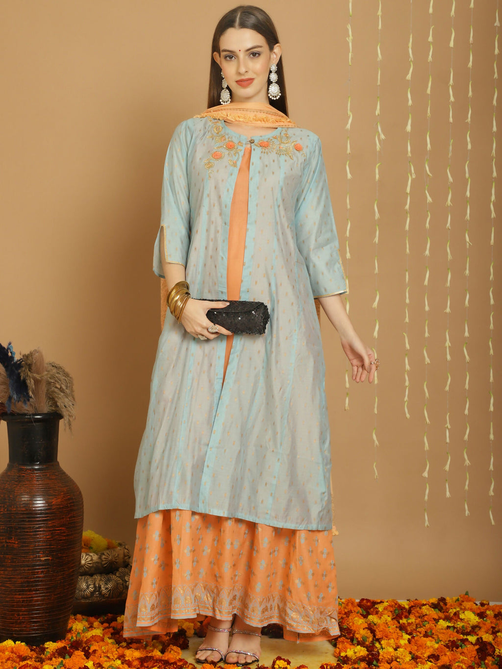 Turquoise Chanderi Silk A-Line Kurta Set with Jardoshi Work