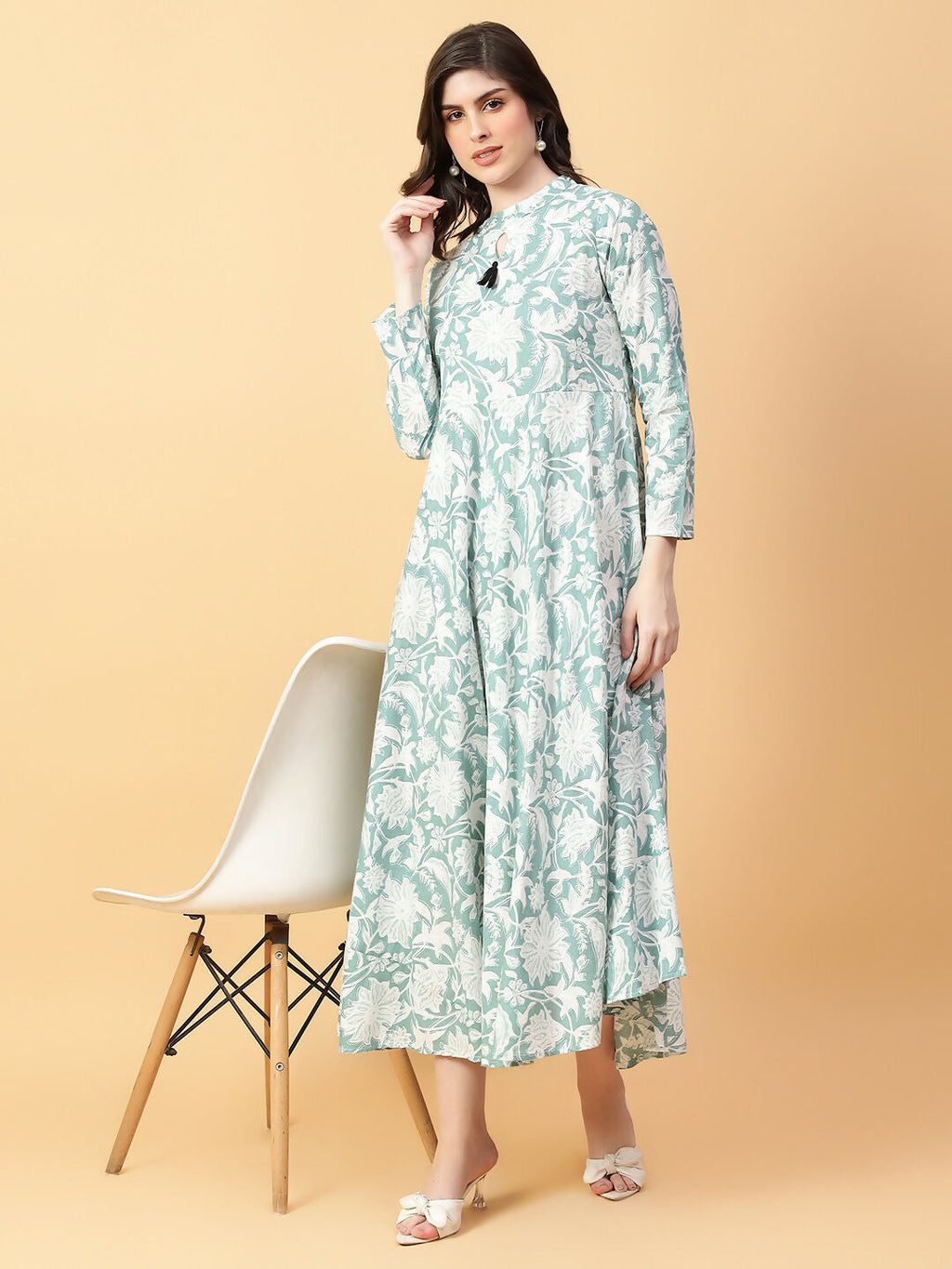 Green Cotton Printed Hand Work Dress