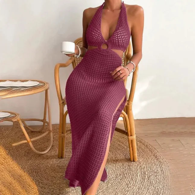 Women's Crochet Halter Maxi Beach Cover Up Dress with Side Slit - Image 8