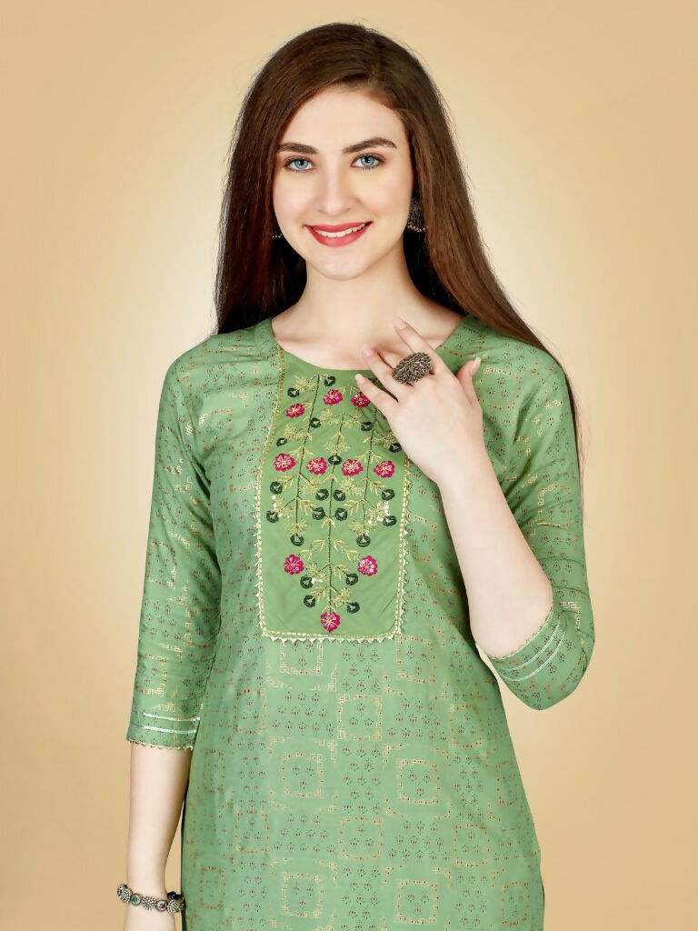 Women's Sea Green Embroidered Viscose Rayon Kurta Pant Set